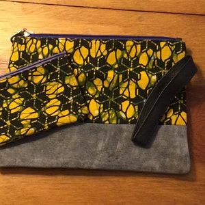 Fabric and suede pouch from Kenya, navy and yellow